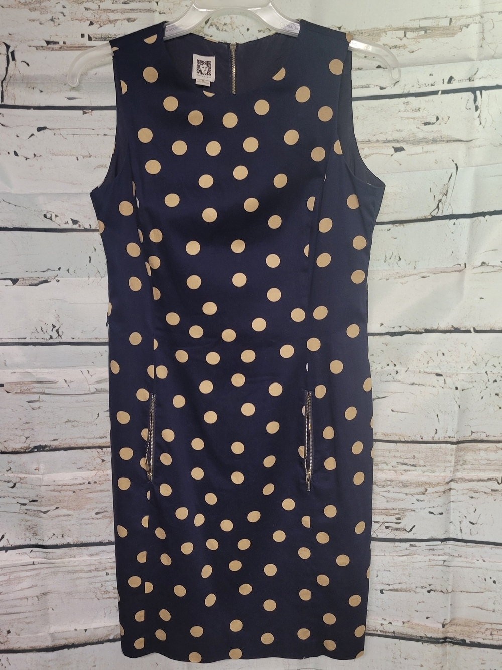 Anne Klein Navy Beige Polka Dot Sheath Dress Size 8 Sleeveless Zip Career Office